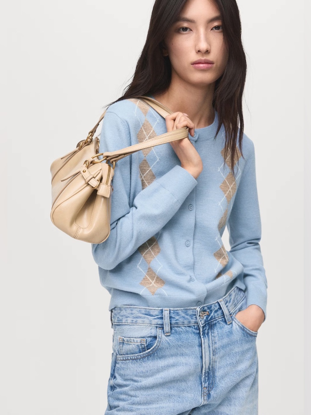 Mango Light Blue Argyle pattern knit cardigan NWT